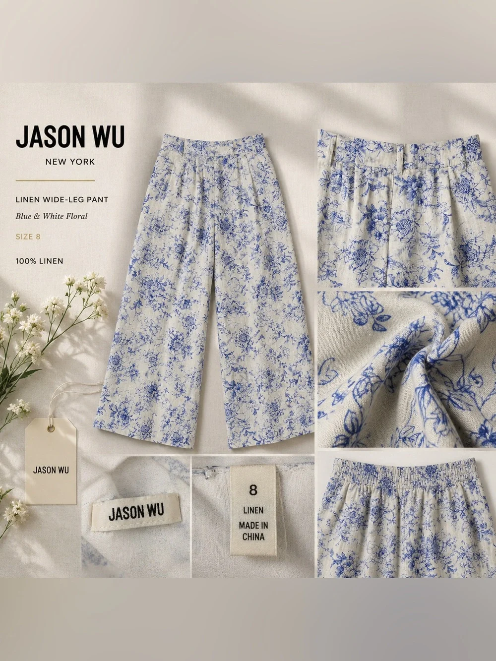 Jason Wu 100% Linen Blue Floral Wide Leg Palazzo Pants Size 8 Resort Luxury